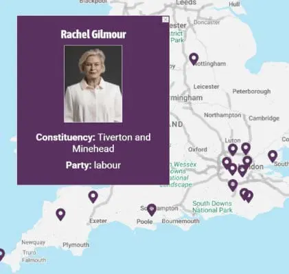 A map showing parliamentary campaign champions